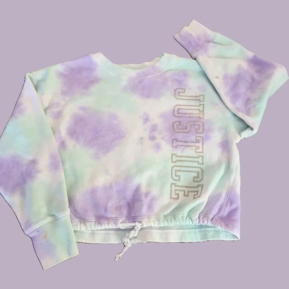 Justice Girls Size 7/8 Small Purple Tie Dye Cropped Drawstring Pullover